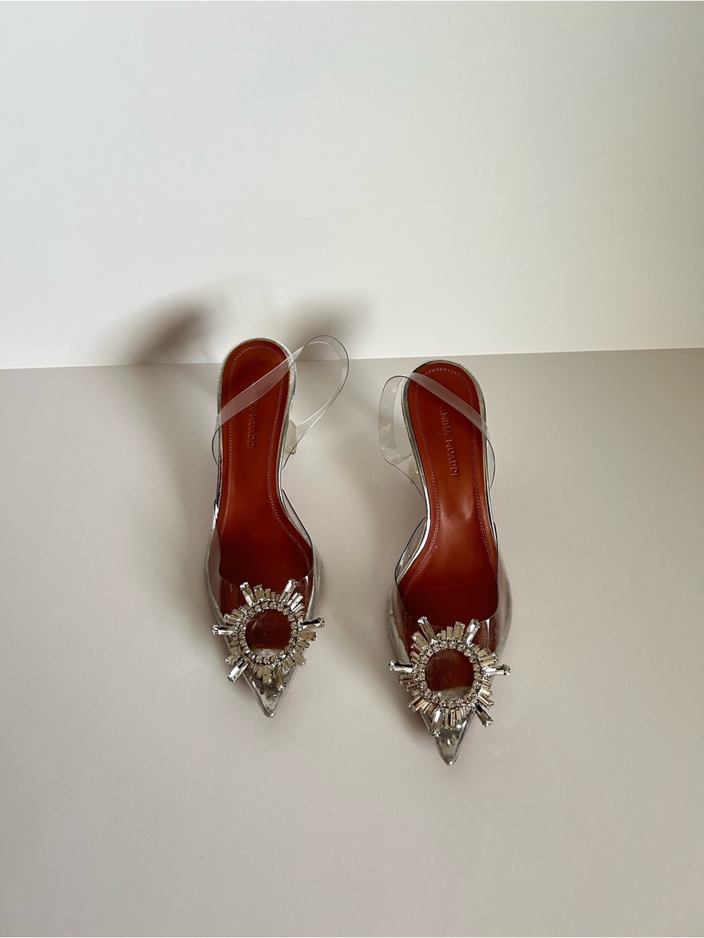 Crystal-Embellished Clear Slingback Heels in Brown